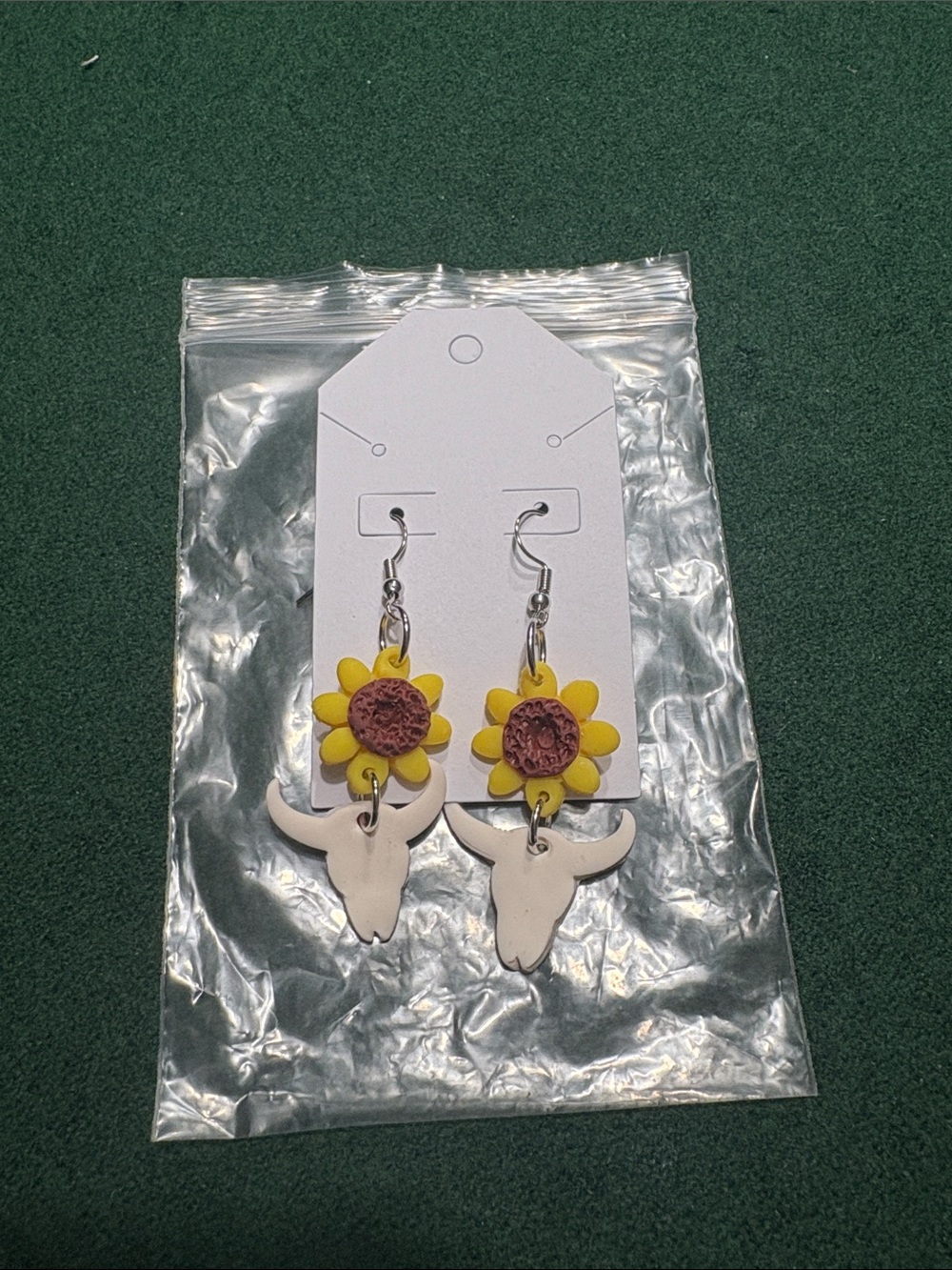 Sunflower and Bull Skull Dangle Clay Earrings - Yellow & White